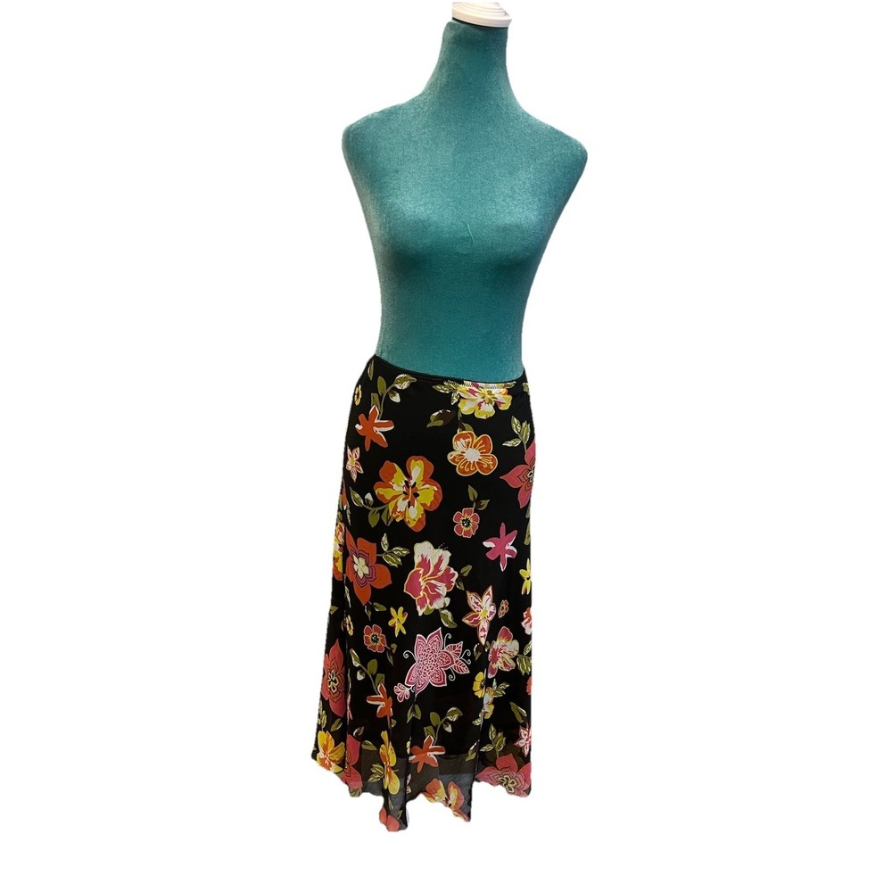 Miss H Floral Midi Skirt Size 40 Black Mesh Overlay Y2K Boho A Line Fairy Whimsi